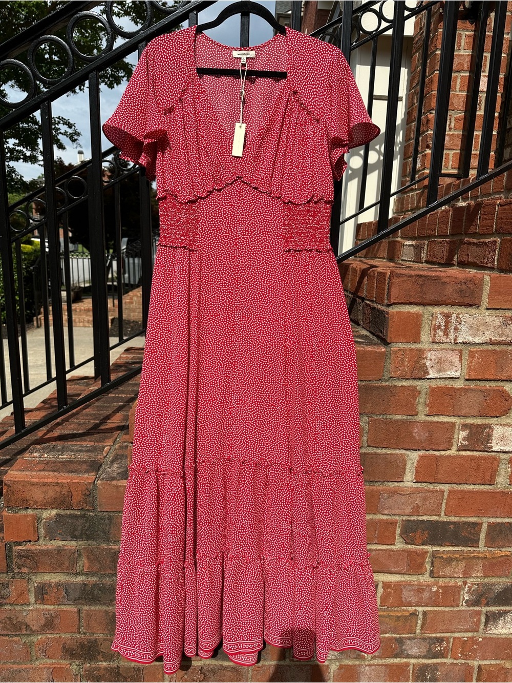 Max Studio Red Short-Sleeve Tiered Maxi Dress with Ruffle Bodice